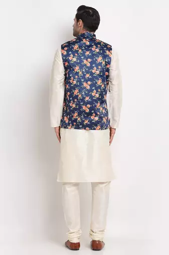 Men Cream Kurta with Churidar & Blue Satin Printed Nehru Jacket