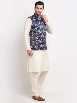 Men Cream Kurta with Churidar & Blue Satin Printed Nehru Jacket 4