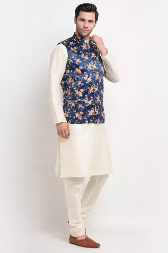 Men Cream Kurta with Churidar & Blue Satin Printed Nehru Jacket