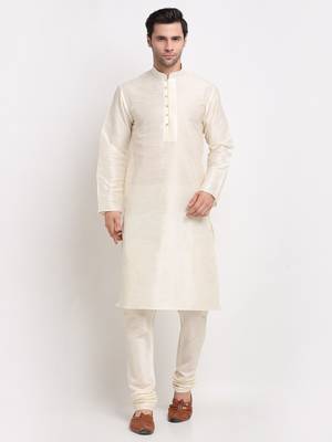 Men Cream Kurta with Churidar & Blue Satin Printed Nehru Jacket 5