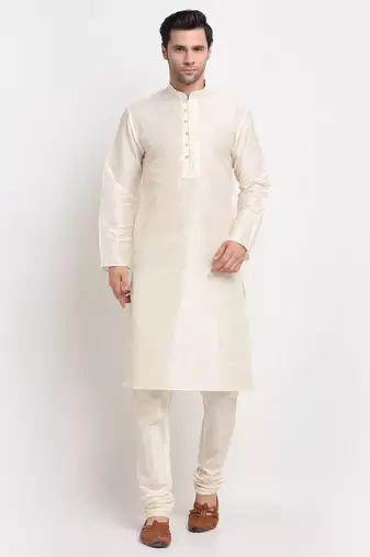 Men Cream Kurta with Churidar & Blue Satin Printed Nehru Jacket