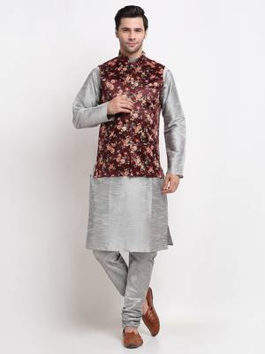 Men Silver Kurta with Churidar & Maroon Satin Printed Nehru Jacket 1