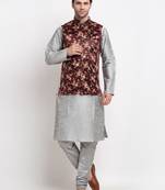 Men Silver Kurta with Churidar & Maroon Satin Printed Nehru Jacket