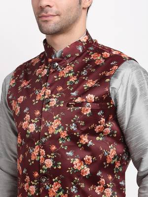 Men Silver Kurta with Churidar & Maroon Satin Printed Nehru Jacket 2