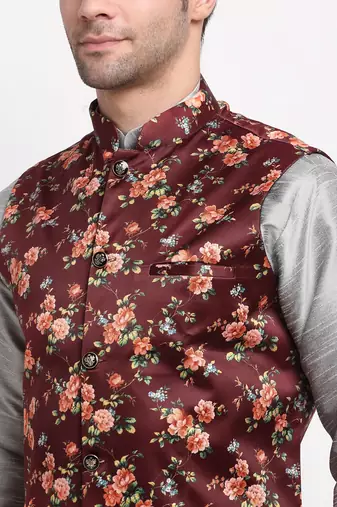 Men Silver Kurta with Churidar & Maroon Satin Printed Nehru Jacket
