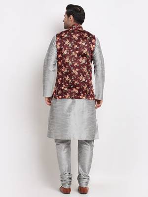 Men Silver Kurta with Churidar & Maroon Satin Printed Nehru Jacket 3