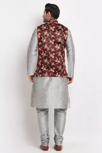 Men Silver Kurta with Churidar & Maroon Satin Printed Nehru Jacket