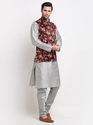 Men Silver Kurta with Churidar & Maroon Satin Printed Nehru Jacket 4
