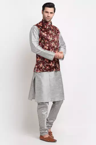 Men Silver Kurta with Churidar & Maroon Satin Printed Nehru Jacket