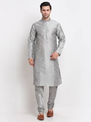 Men Silver Kurta with Churidar & Maroon Satin Printed Nehru Jacket 5