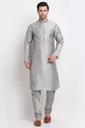 Men Silver Kurta with Churidar & Maroon Satin Printed Nehru Jacket