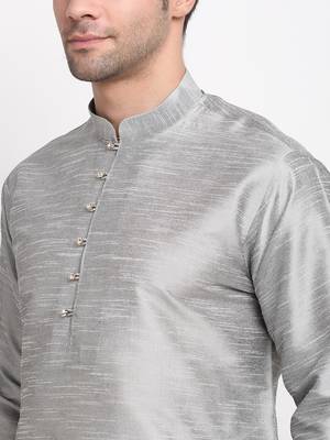Men Silver Kurta with Churidar & Maroon Satin Printed Nehru Jacket 6