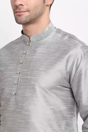 Men Silver Kurta with Churidar & Maroon Satin Printed Nehru Jacket