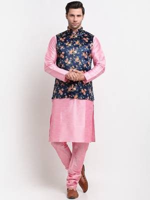 Men Pink Kurta with Churidar & Blue Satin Printed Nehru Jacket 1