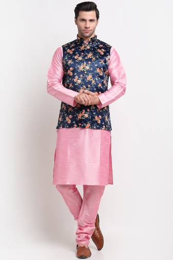 Men Pink Kurta with Churidar & Blue Satin Printed Nehru Jacket