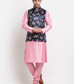 Men Pink Kurta with Churidar & Blue Satin Printed Nehru Jacket