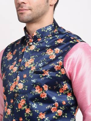Men Pink Kurta with Churidar & Blue Satin Printed Nehru Jacket 2