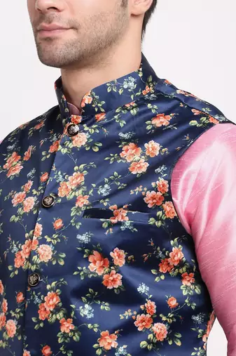 Men Pink Kurta with Churidar & Blue Satin Printed Nehru Jacket