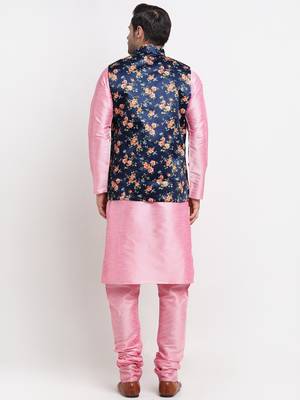 Men Pink Kurta with Churidar & Blue Satin Printed Nehru Jacket 3