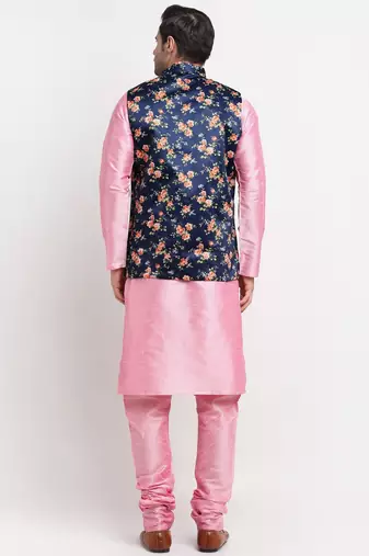 Men Pink Kurta with Churidar & Blue Satin Printed Nehru Jacket