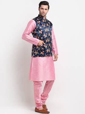 Men Pink Kurta with Churidar & Blue Satin Printed Nehru Jacket 4
