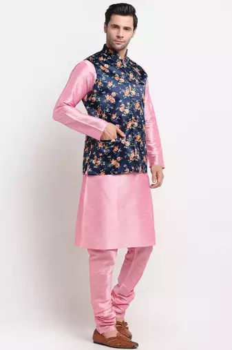 Men Pink Kurta with Churidar & Blue Satin Printed Nehru Jacket