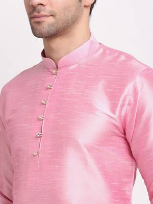 Men Pink Kurta with Churidar & Blue Satin Printed Nehru Jacket 6
