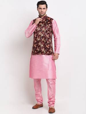 Men Pink Kurta with Churidar & Maroon Satin Printed Nehru Jacket 1
