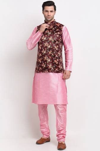 Men Pink Kurta with Churidar & Maroon Satin Printed Nehru Jacket