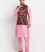 Men Pink Kurta with Churidar & Maroon Satin Printed Nehru Jacket