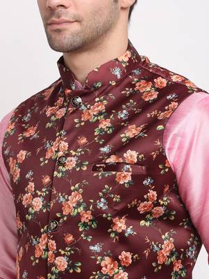 Men Pink Kurta with Churidar & Maroon Satin Printed Nehru Jacket 2