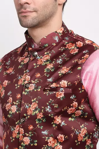 Men Pink Kurta with Churidar & Maroon Satin Printed Nehru Jacket