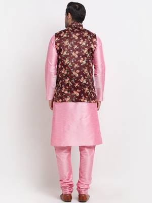 Men Pink Kurta with Churidar & Maroon Satin Printed Nehru Jacket 3