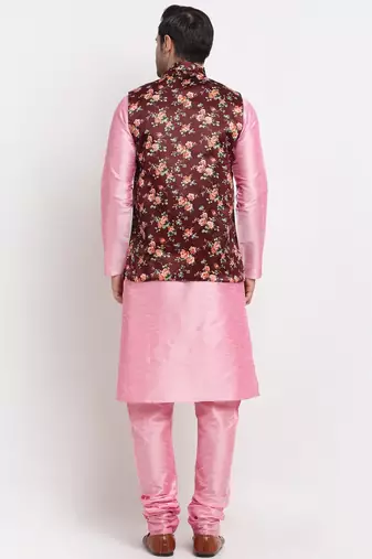 Men Pink Kurta with Churidar & Maroon Satin Printed Nehru Jacket