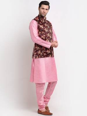 Men Pink Kurta with Churidar & Maroon Satin Printed Nehru Jacket 4