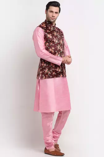 Men Pink Kurta with Churidar & Maroon Satin Printed Nehru Jacket