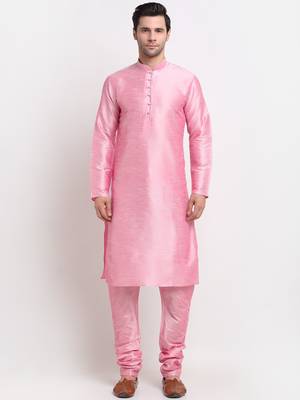 Men Pink Kurta with Churidar & Maroon Satin Printed Nehru Jacket 5