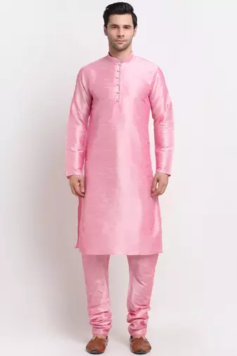 Men Pink Kurta with Churidar & Maroon Satin Printed Nehru Jacket
