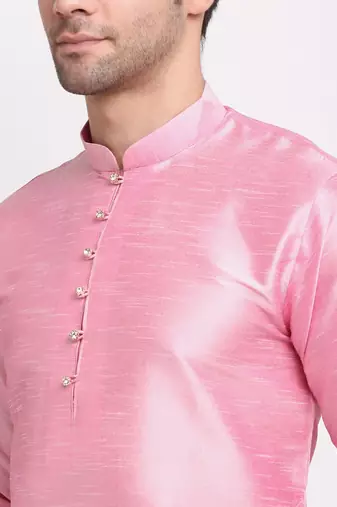 Men Pink Kurta with Churidar & Maroon Satin Printed Nehru Jacket
