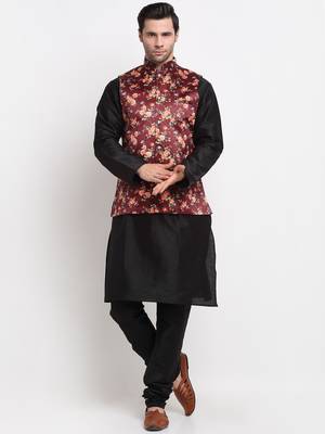 Men Black Kurta with Churidar & Maroon Satin Printed Nehru Jacket 1