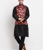 Men Black Kurta with Churidar & Maroon Satin Printed Nehru Jacket