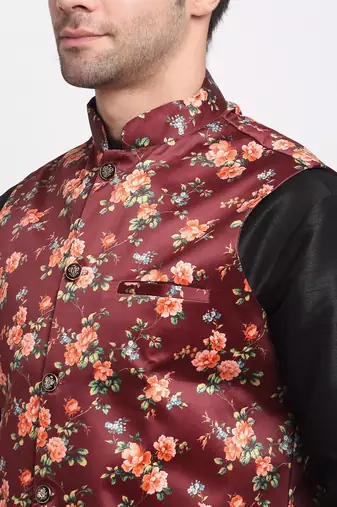 Men Black Kurta with Churidar & Maroon Satin Printed Nehru Jacket
