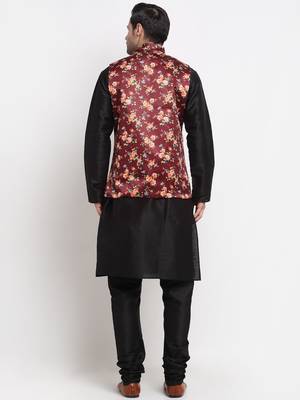 Men Black Kurta with Churidar & Maroon Satin Printed Nehru Jacket 3