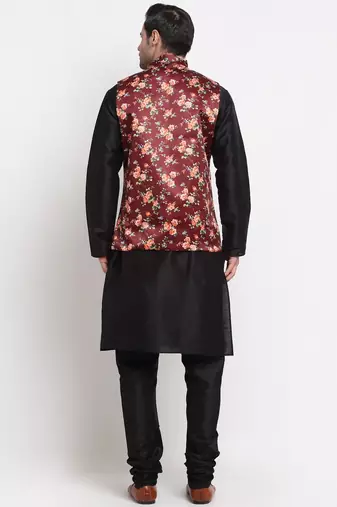 Men Black Kurta with Churidar & Maroon Satin Printed Nehru Jacket