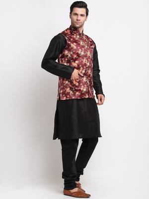 Men Black Kurta with Churidar & Maroon Satin Printed Nehru Jacket 4