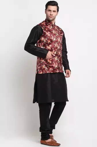 Men Black Kurta with Churidar & Maroon Satin Printed Nehru Jacket
