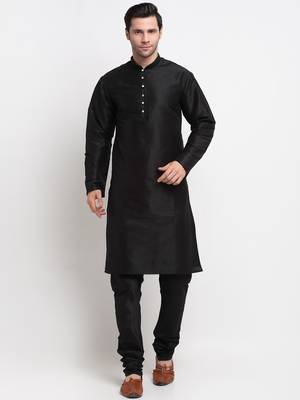 Men Black Kurta with Churidar & Maroon Satin Printed Nehru Jacket 5