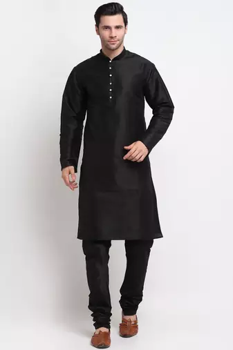 Men Black Kurta with Churidar & Maroon Satin Printed Nehru Jacket