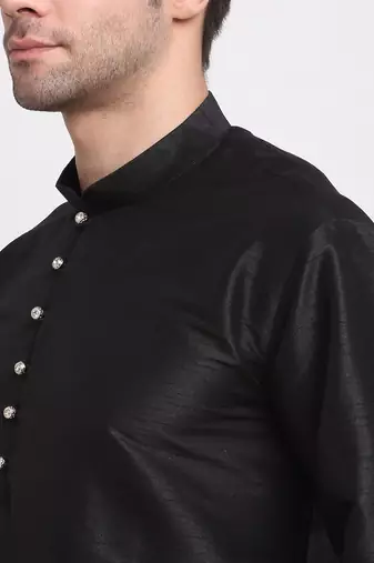 Men Black Kurta with Churidar & Maroon Satin Printed Nehru Jacket