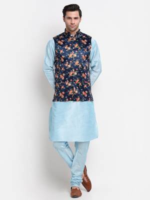 Men Sky Blue Kurta with Churidar & Blue Satin Printed Nehru Jacket 1